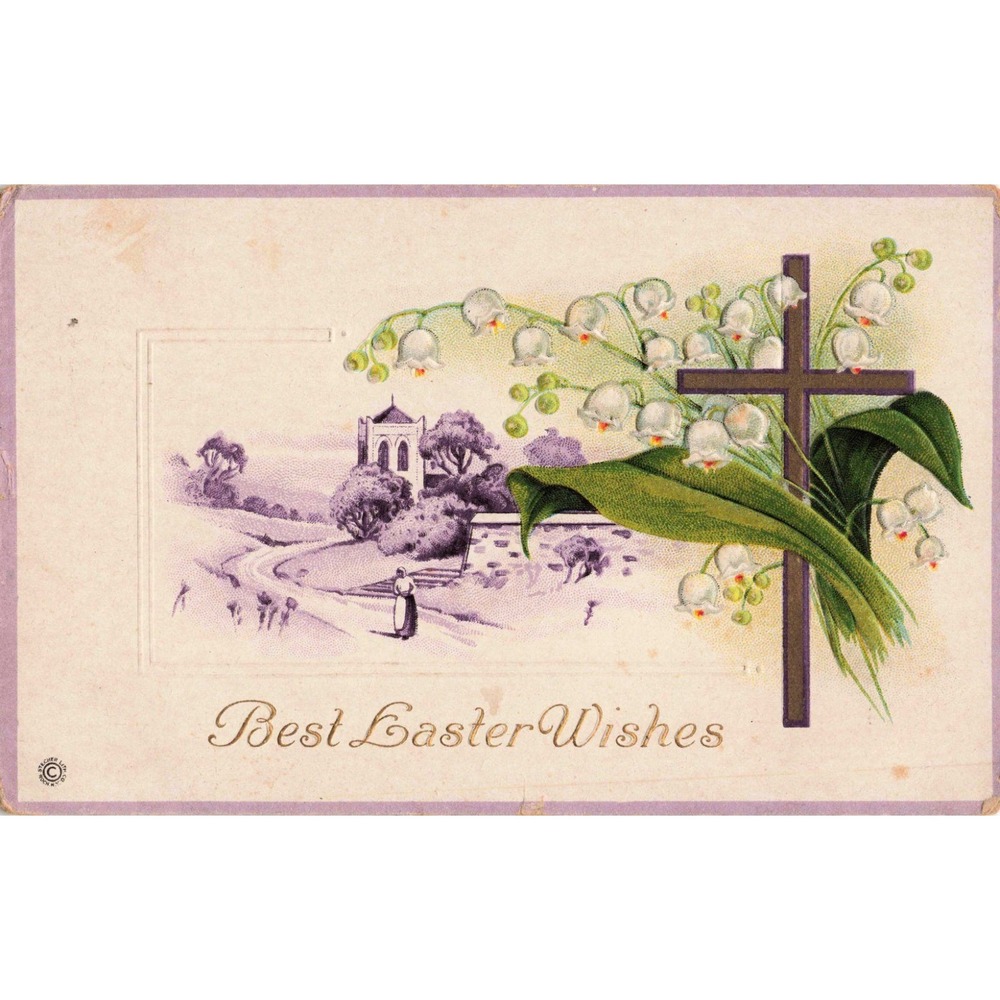 Antique Stecher Litho Co Easter Postcard Cross Lily of the Valley Series 607 E - Picture 1 of 2